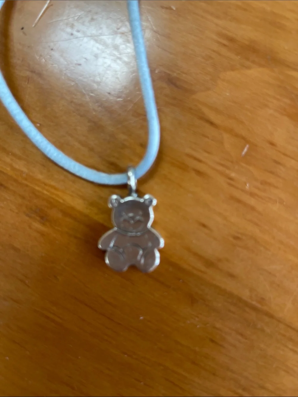 Tous Silver Teddy Charm Necklace - Light Blue Cord